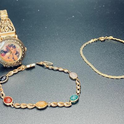 14K Scarab Bracelet, Angel Cherub Watch, Gold Bracelet, and Fossil Blue Steel Watch
