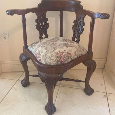 Chippendale Style Carved Corner Chair with Claw Feet 