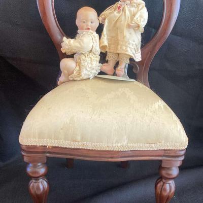 Vintage Doll's Chair And Two Porcelain Babies
