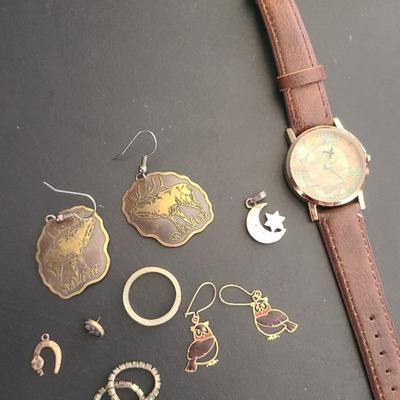 Sterling Moon & 6pt Star, Brass Elk Earrings, Owl Earrings, Horseshoe Charm, and Europe Map Watch