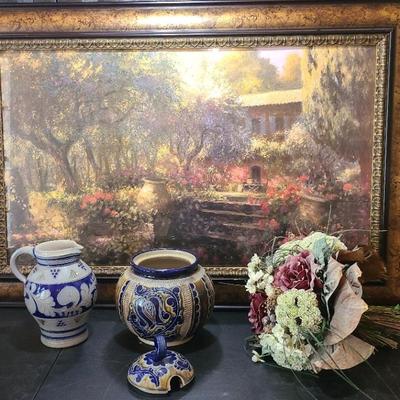 Reinhold Merkelbach Hand-made Art Pottery & Other German Pitcher, + Garden Print & Floral