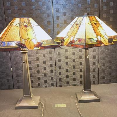 Pair Of Handcrafted Tiffany-Style Lamps By Colour Creations (29” Tall, Shade 18” Sq)