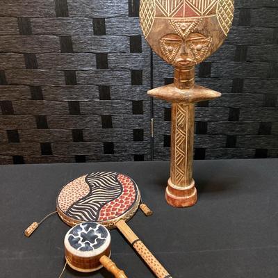 Akuaba fertility doll, Calf Skin Hand Drums- One Crafted In Kenya 