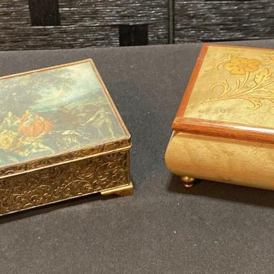 Two Vintage Music Boxes - Green Wooden Floral Inlay (Italy) W/ Swiss Musical Movement & Brass Box
