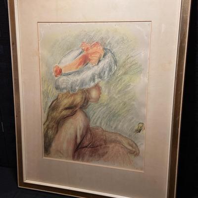 Vintage Framed Pierre-Auguste Renoir Print of a Girl With A Hat (Pastel)