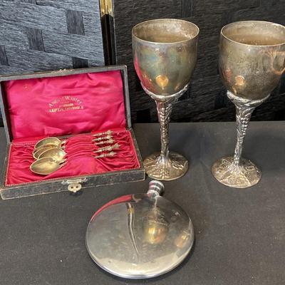 Antique Silver Spoons (marked 800) in Jewel's case from Leipzig, Godinger Goblets, Scottish Flask