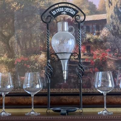 In Vino Veritas Wine Decanter, & 4 Fine European Crystal Arch/Mantle Wine Glasses (NIBox)