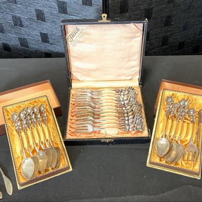 28 Pieces, Silver Rose Bud Spoon & Fork Sets - Marked 800 W - boxes from Gebr. Turck, Germany