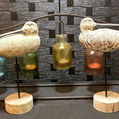 Colored Glass Jar Tea Candle Holder, & Wooden Shorebird Figures