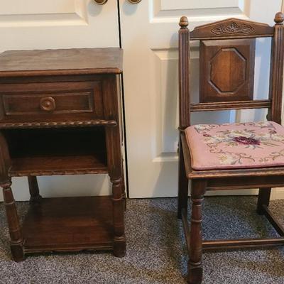 Early 1900's Davis Cabinet Co Nightstand/ Phone Table and Petite Chair w Needlepoint Cushion