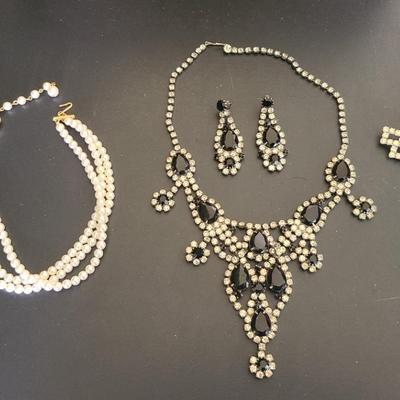 Vintage Large Black And Clear Rhinestone Set, Faux Pearl Triple Choker, Shoe Clip