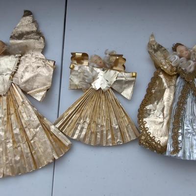 German Made Vintage Foil Paper Wax Head Angels (3) 