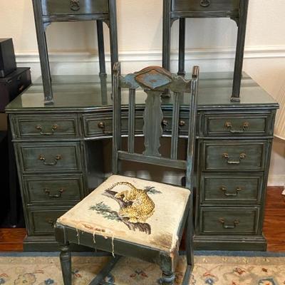 Matching Green Petite Desk & Glass top, End Tables, and Small Chair w/ needlepoint Cheetah cushion