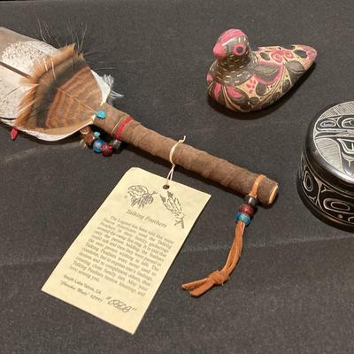 Vintage Inuit Trinket Box Made In Canada, Mexican Tonala Pottery Bird, and Cherokee Talking Feathers