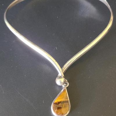 Vintage Mexican Sterling Silver And Large Tiger's Eye Modernist Collar, Signed JAB