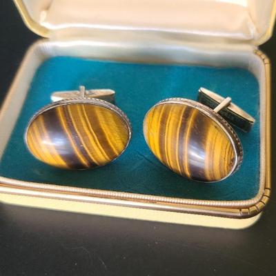 Giant Vintage Sterling Silver And Tigers Eye Cufflinks