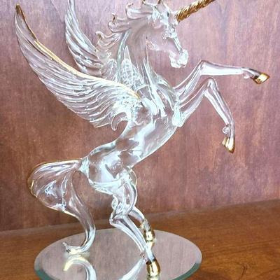 11" Pegasus/ Unicorn Glass Sculpture On Mirrored Base, Disney Label "Arribas Brothers"
