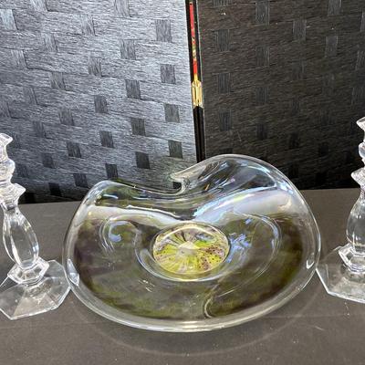 Murano Decorative Bowl With Purple & Yellow Details & 2 Glass 9.5” Candlesticks 