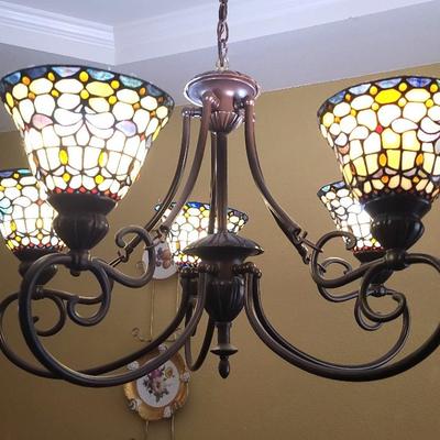 Tiffany-style 5-light Stained Glass Chandelier -- Will Be Removed From Ceiling (Hardwired Fixture)
