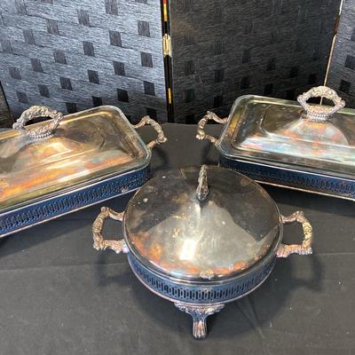 Silver Plated Footed Serving Dishes W/ Glass Dish Inserts - US Made 