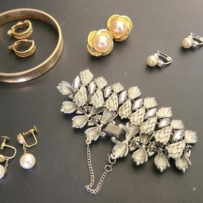 Vintage Coro Pegasus Silver Tone Bracelet, Monet Bangle, Kenneth Jay Lane Clips, Pearl Drops