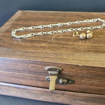 Antique 333 (8k) Gold Repoussé Dangles, Silverplate(?) Infinity Chain W/ Unusual Clasp, Jewelry Box