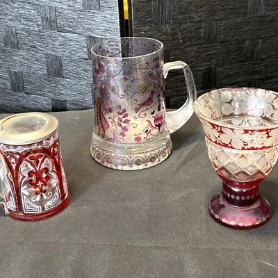 Beautiful Red, Clear And Cut-to-Clear European Glass Pieces, including Stein, Beer Mug, Goblet  