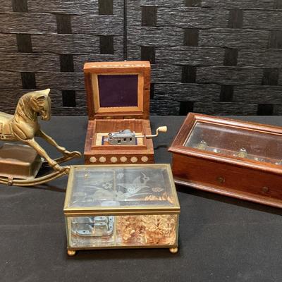 4 Vintage Music Boxes, Brass Rocking Horse, Etched Glass/brass Lined, Swiss Made Triple Music Box 