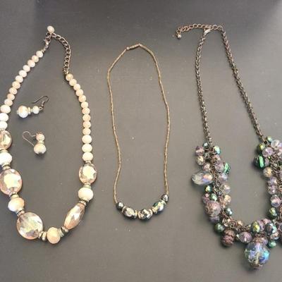 Faceted White Semi-precious Stone(?) Necklace/earring Set, & 2 Necklaces With Iridescent Beads/glass