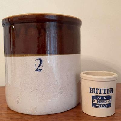 Antique “2 Gallon Crock” W/ Vintage stoneware Butter Crock