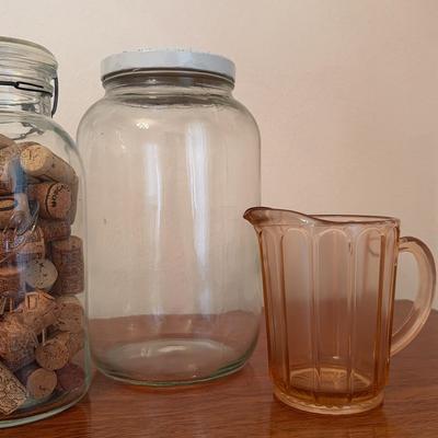 Collection Of Glass Item (2) Jars (1) Small Pitcher 