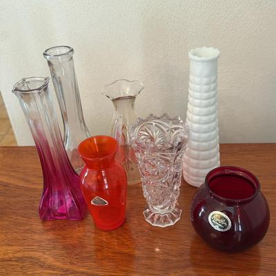 Collection Of Vases Including Unmarked Crystal, A Royal Anchor glass, Mid century Modern Bubble 