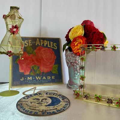Vintage Grapevine Motif Vase, Mini Dress Form Wire Frame And Signs 