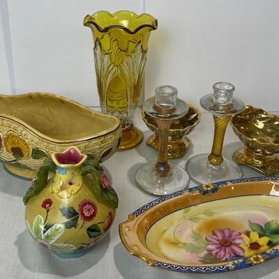 Bowls And Vase With Hand Blown Candlesticks 