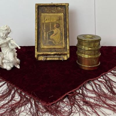 Antique Red Tassel Table Topper, Vintage Porcelain Angel Light, Brass Sieve, Vintage Red Ornaments