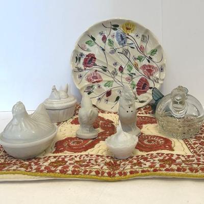 Vintage Milk Glass Hens, Anchor Hocking Hen, Blue Hen And Blue Ridge Southern Round shell Plate 