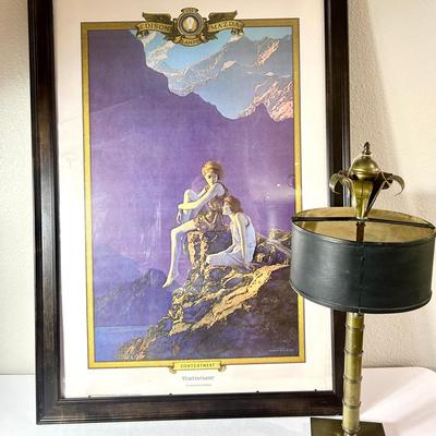 Vintage Maxfield Parrish Print & Brass Bouilletre Desk Plank With Black Shade 