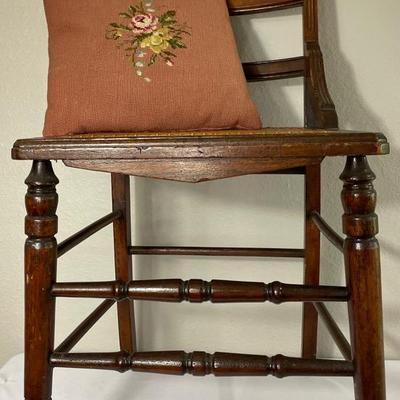 Antique Ladder Back Cane Chair, Needlepoint Pillow