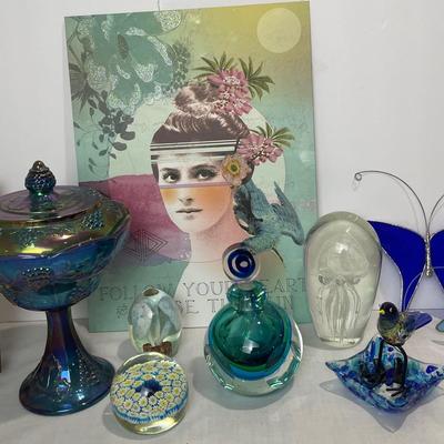 Carnival Glass and Murano Style Art Glass With Unique Paperweights