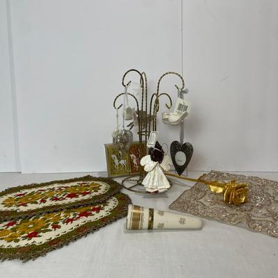 Antique German Flour Vase, Vintage Tapestry Doily’s, 12” Gol Colored Metal With Ornaments