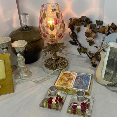 Vintage Czech Bohemia Crystal Glass Coin Dot Brass And Marble Lamp