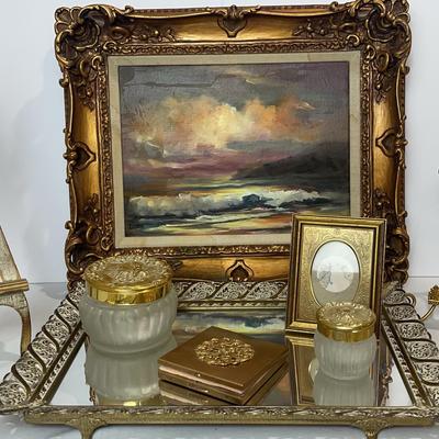 Vintage Mirrored  Cosmetics Holder With Landscape Painting On Canvas 