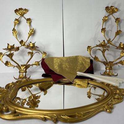 Vintage Italian Style Gold Colored Candle Holder Pair, Oval Mirror