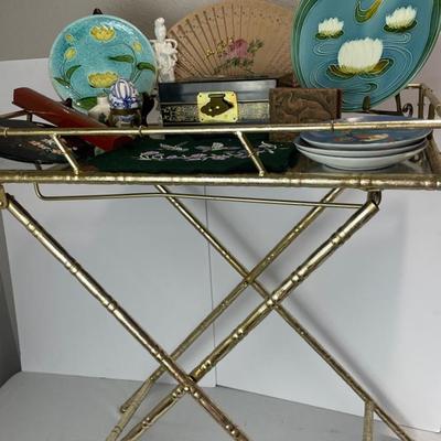 Faux Bamboo Metal Mirrored Folding Gold Table With Chinese Collectibles