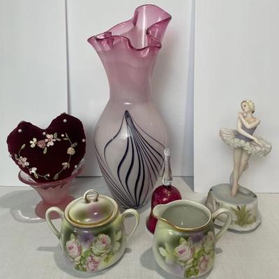 Vintage Hand Blown Pink Vase, Floral German Made Creamer And Sugar Bowl