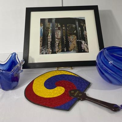 Victorian Print, Cobalt Blue Glass Items & Korean Hand Fan