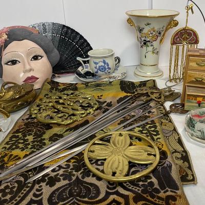 Ceramic Bisque Oriental Mask With Vintage Skewers