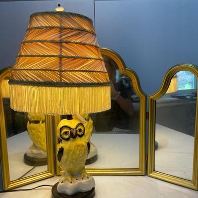 MCM Owl Lamp And Free Standing Gold Three Tiered Mirror 