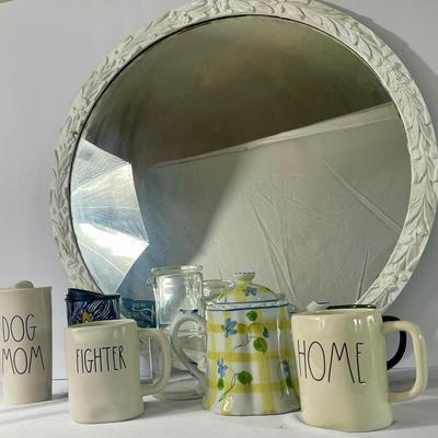 Cozy Kitchen Mugs, Teapot & Glass Pitcher Lot With Round Mirror 