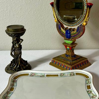 Vintage Hand Painted Gold Scarab Mirror, Decorative Ornate, & Gold Plated Plate